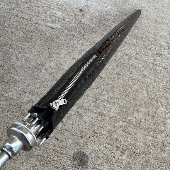 Vintage 43” Black Umbrella With Faux? Leather? Handle Parasol? With Sleeve - Picture 7 of 7